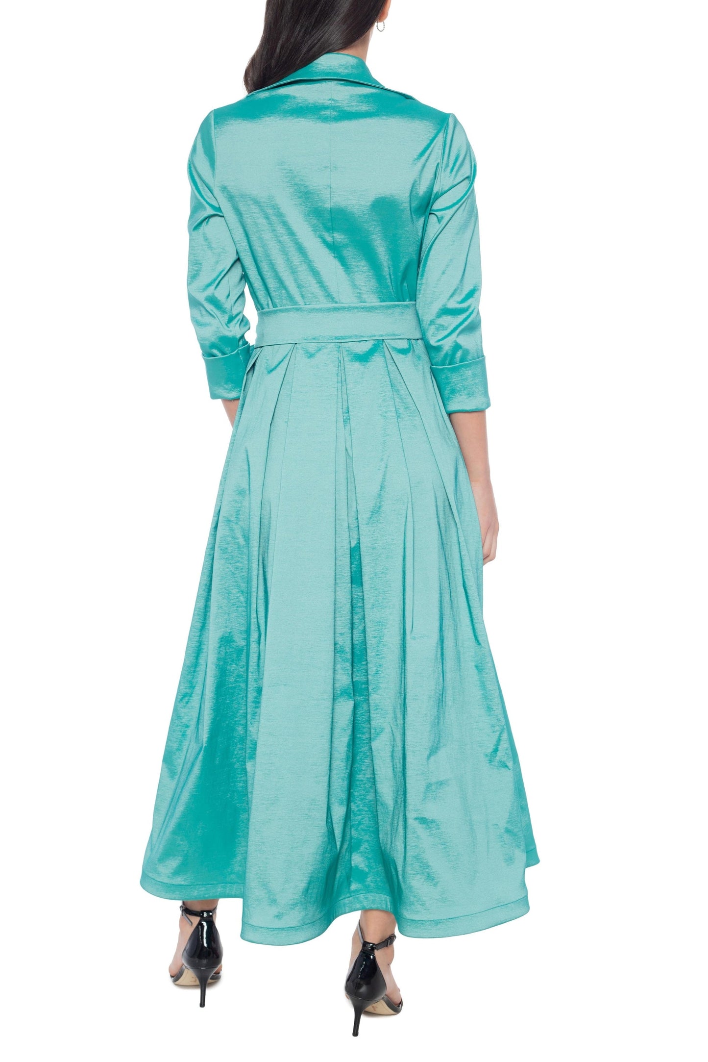 Marina 3/4 Sleeve Point Collar Neck Tie Waist Taffeta Midi A-LIne Dress-3