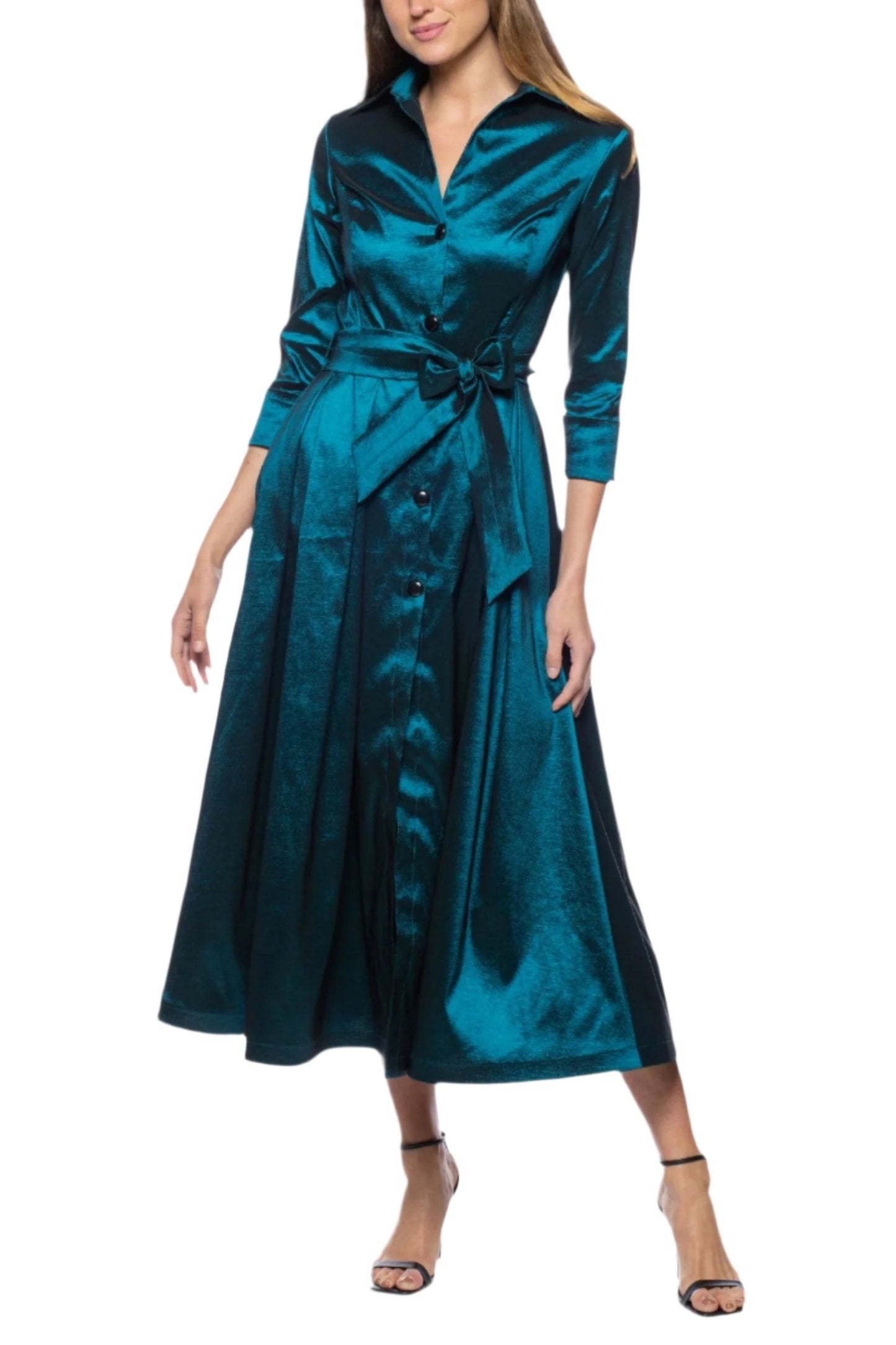 Marina 3/4 Sleeve Point Collar Neck Tie Waist Taffeta Midi A-LIne Dress-4
