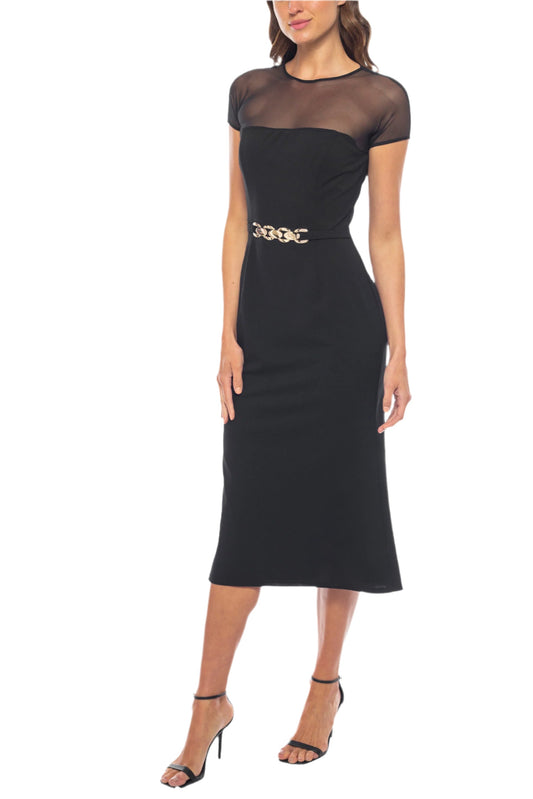 Marina Boat Neck Cap Sleeves Scuba Crepe Illusion Midi Bodice Dress-0