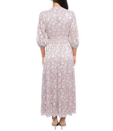 Marina Deep V-Neckline 3/4 Sleeves Ruched Waist Back Zipper Closure Metallic Floral A-Line Dress (Plus Size)-1