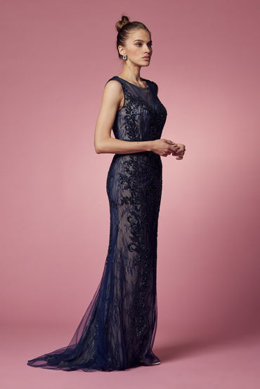 Floral Lace Embellished Long Sheath Plus Size Gown Gown w/ Delicate Beadwork NXE1006P-1