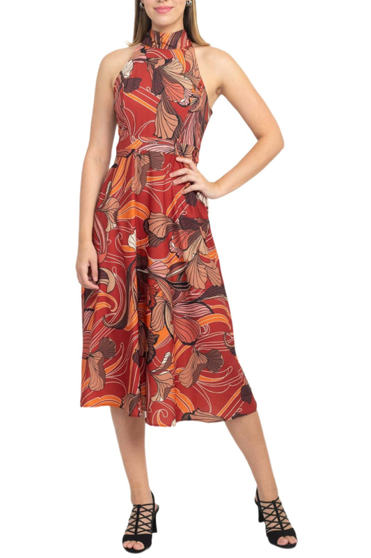 Tahari ASL High Tie Neck Sleeveless Multi Print Fit & Flare Satin Dress-0