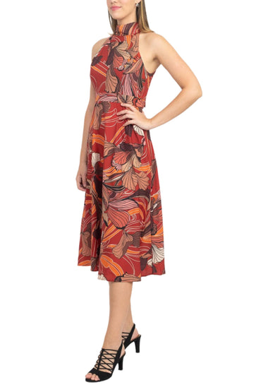 Tahari ASL High Tie Neck Sleeveless Multi Print Fit & Flare Satin Dress-1