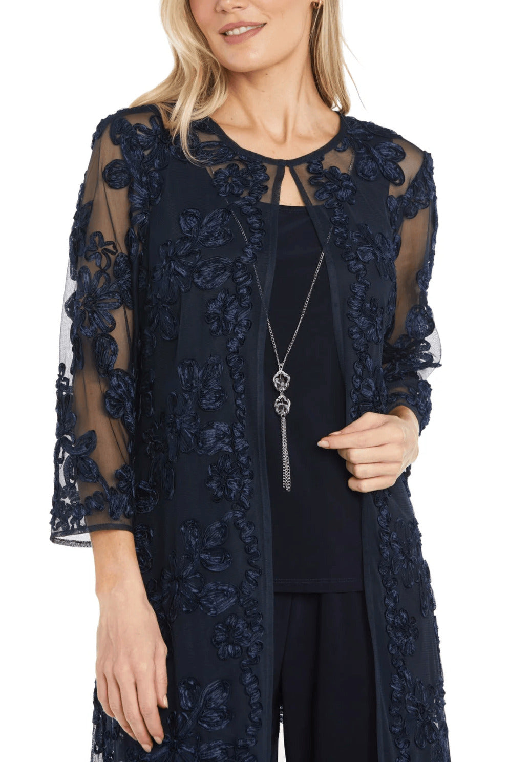 R&M Richards Round Neckline Sleeveless Top Floral Embroidered Three-Quarter Sleeves Jacket Relaxed Formal Pants Suit Dress (Plus Size)-4