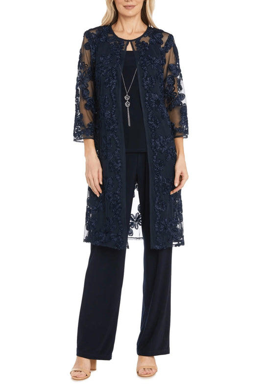 R&M Richards Round Neckline Sleeveless Top Floral Embroidered Three-Quarter Sleeves Jacket Relaxed Formal Pants Suit Dress (Plus Size)-0