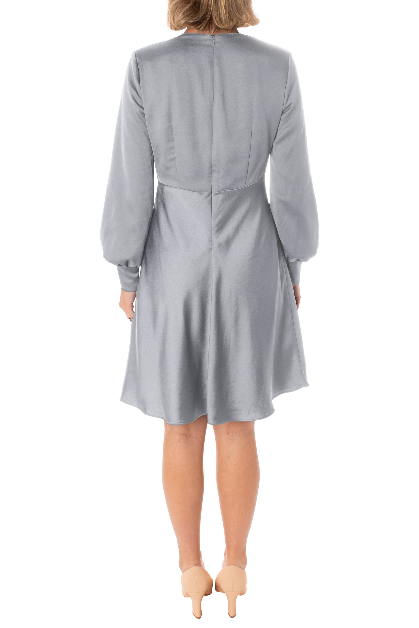 Taylor V-neck high waist cuffed sleeve zipper back A-line satin dress