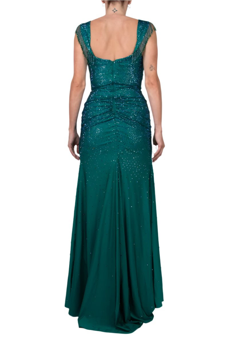 Colors Dress Long Crystal Off The Shoulder Fringe Slit Gown-4