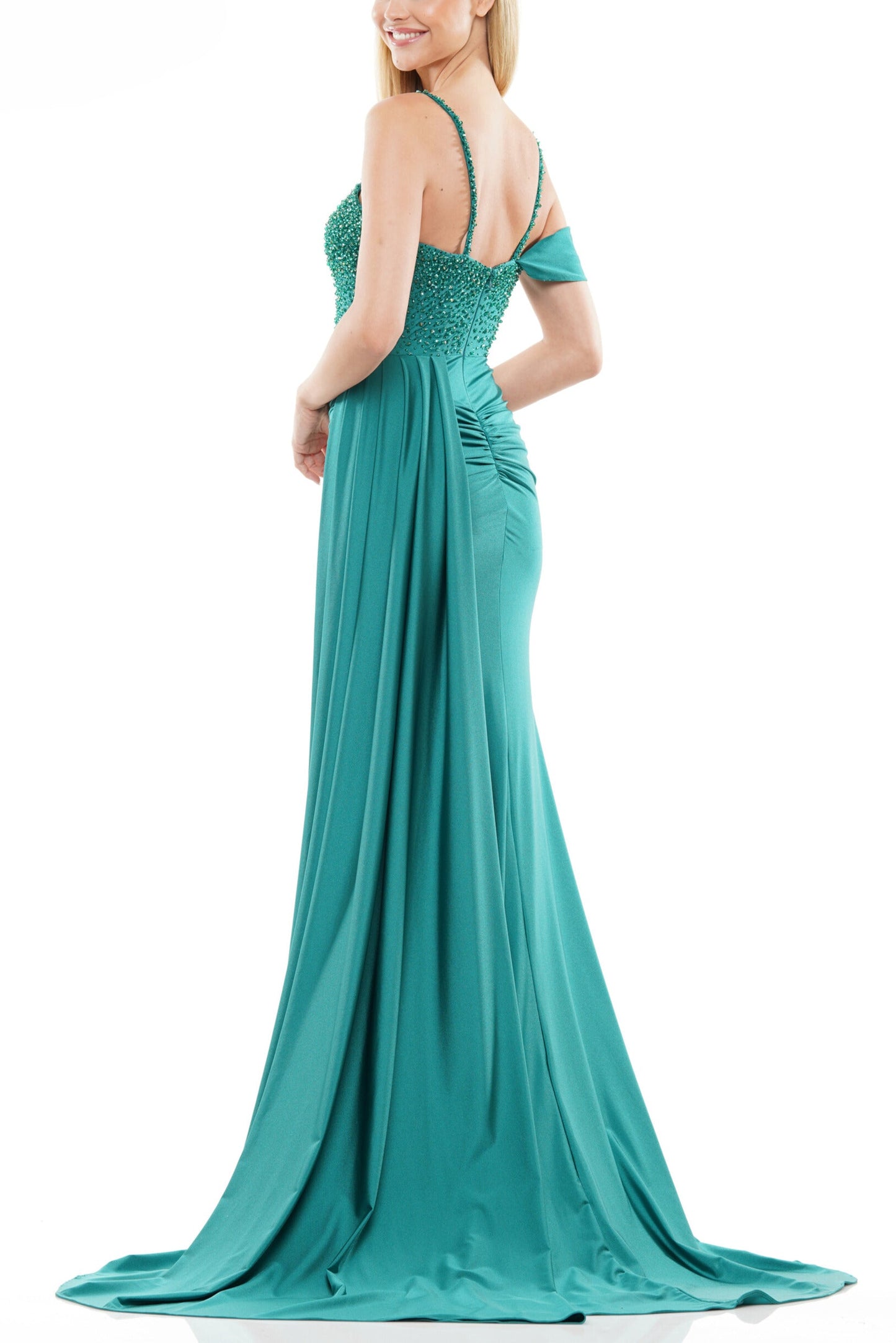 Colors Dress One Shoulder Beaded Bodice Front Slit Gown