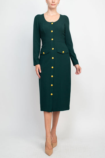 Taylor scoop neck long sleeve banded front button closure solid stretch crepe dress