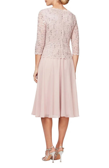 Alex Evenings Crew Neck 3/4 Sleeve Lace Bodice & Chiffon Skirt (Plus Size)-1
