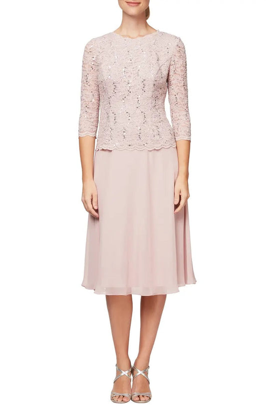 Alex Evenings Crew Neck 3/4 Sleeve Lace Bodice & Chiffon Skirt (Plus Size)-0