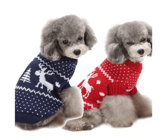 Festive Holiday Pet Sweater - Blue And Red Christmas Reindeer Design-0
