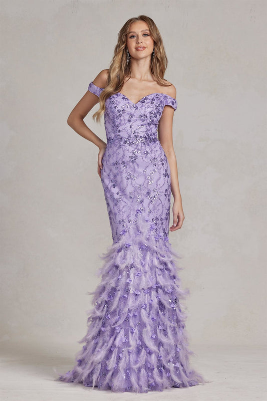 Off The Shoulder Feathers Embellished Long Red Carpet Gown w/ V-Back NXC1106-0