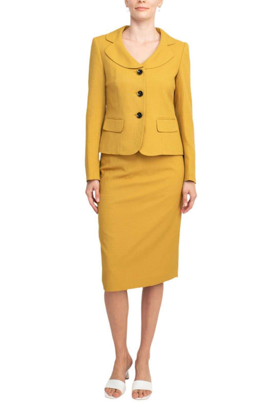 Le Suit Notched Collar 3 Button Flap Pocket Square Texture Jacket with Zipper Back Skimmer Skirt (Two Piece)-0