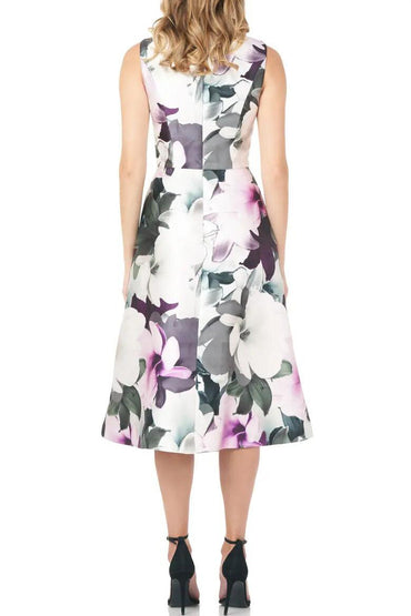 Kay Unger Floral Sleeveless A-line Mikado Cocktail Midi Dress-1