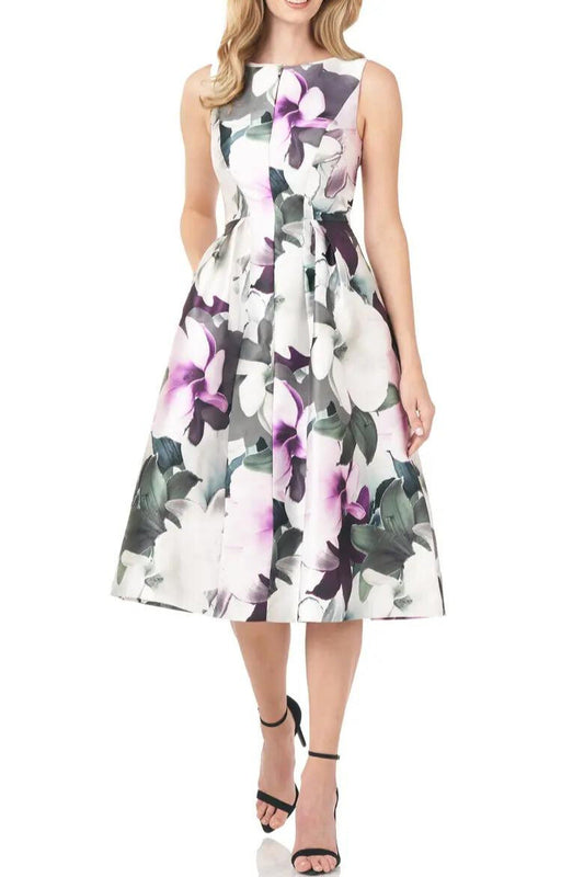 Kay Unger Floral Sleeveless A-line Mikado Cocktail Midi Dress-0