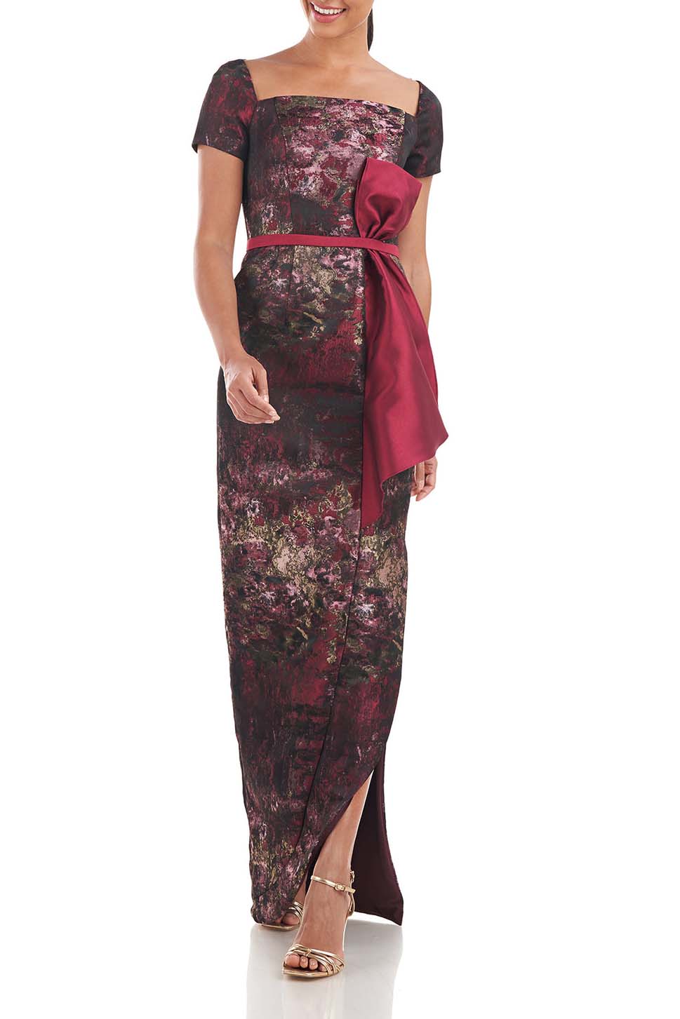 Kay Unger square neck short sleeve bow sash at waist zipper closure column jacquard gown