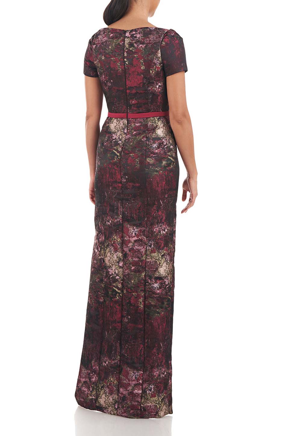Kay Unger square neck short sleeve bow sash at waist zipper closure column jacquard gown
