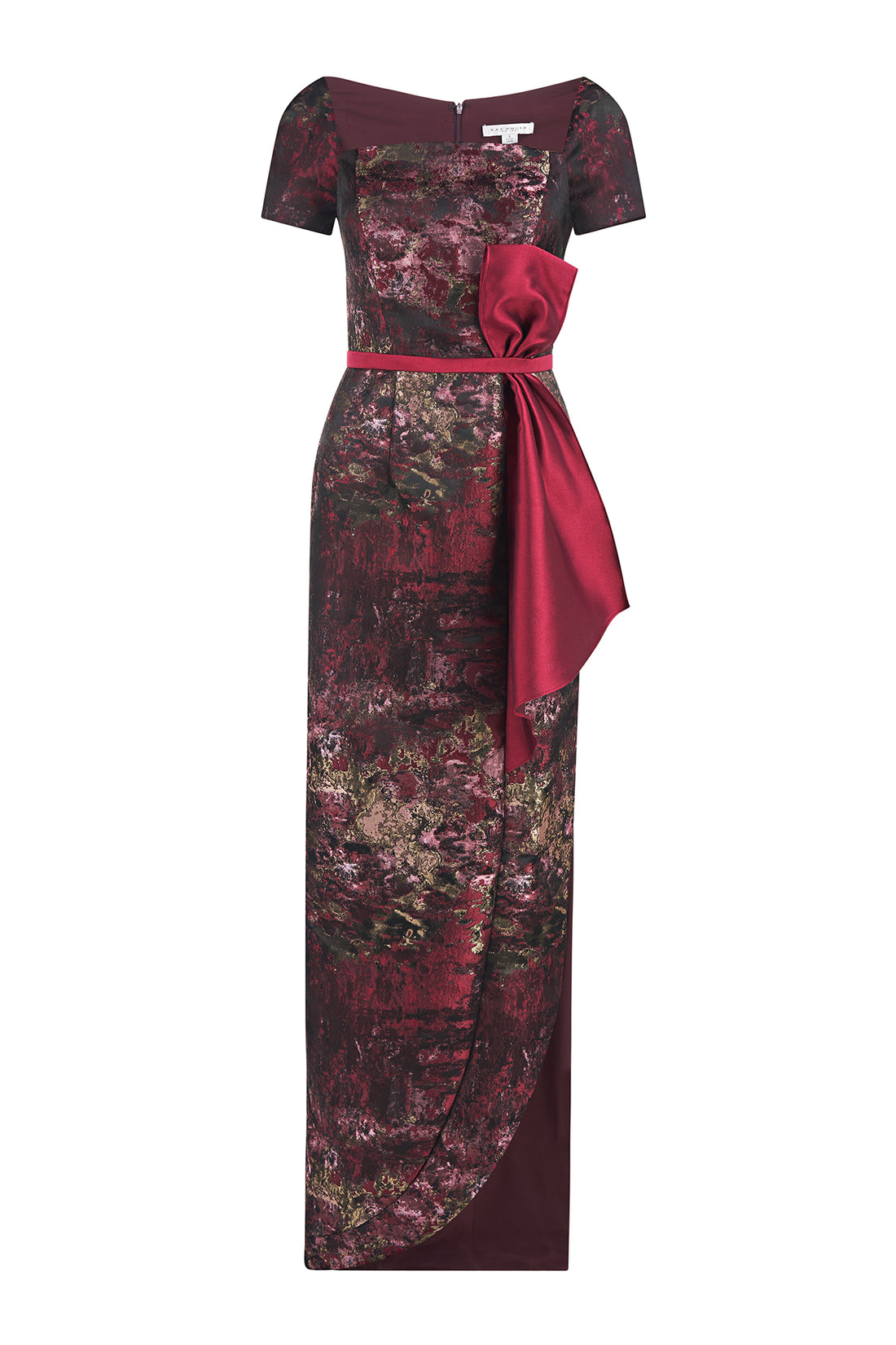 Kay Unger square neck short sleeve bow sash at waist zipper closure column jacquard gown