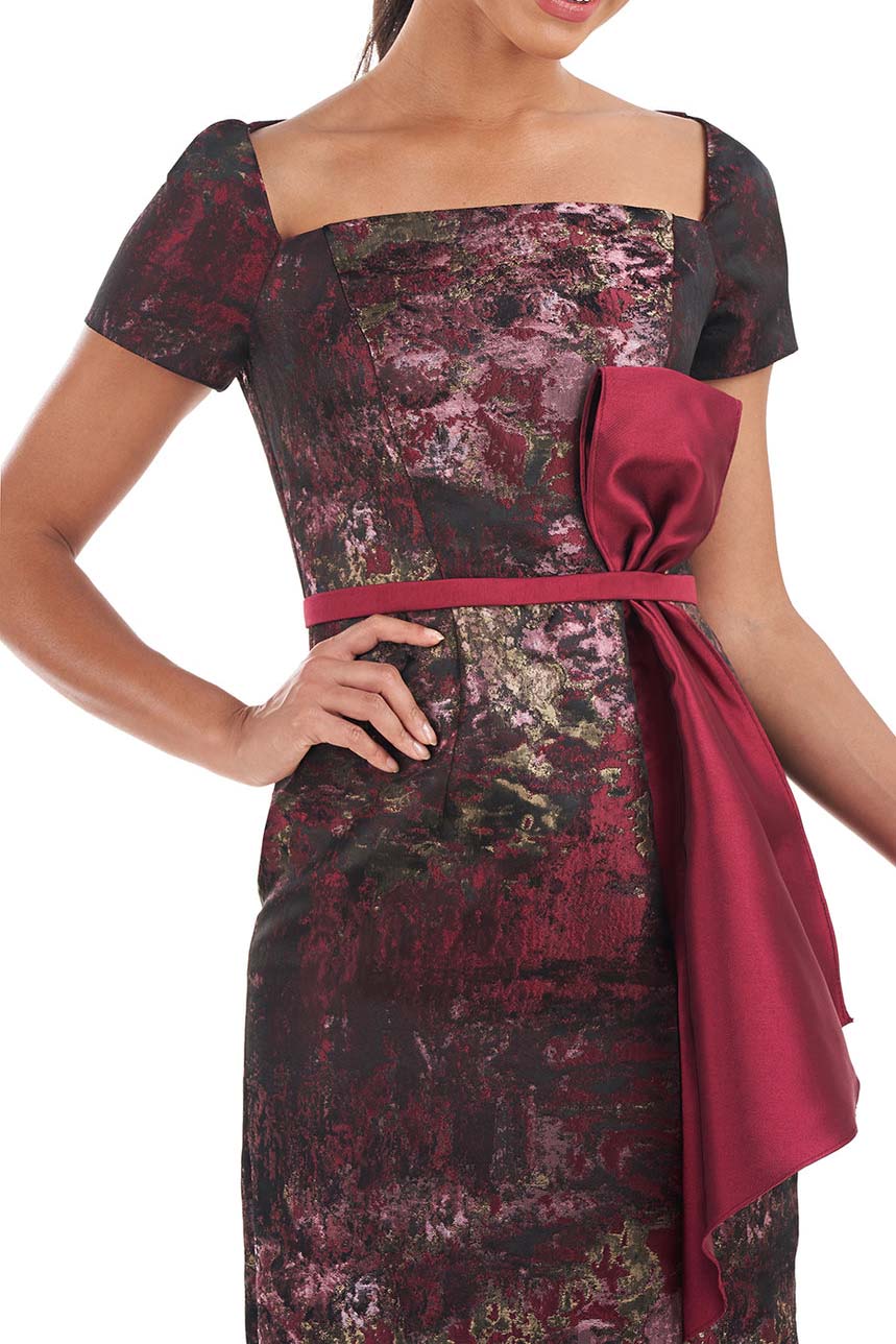 Kay Unger square neck short sleeve bow sash at waist zipper closure column jacquard gown