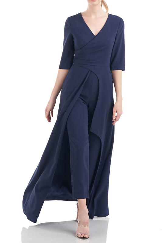 Kay Unger V-Neck 3/4 Sleeve Solid Zipper Back Full-length skirt with walk-through front cutout Crepe Jumpsuit-0