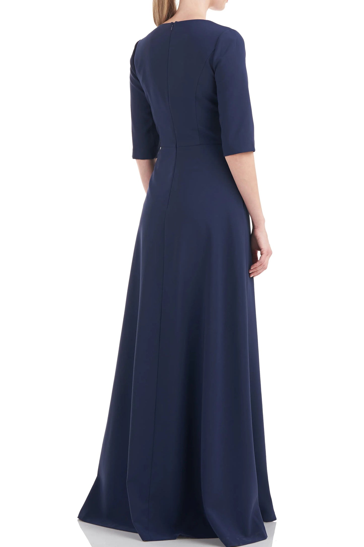 Kay Unger V-Neck 3/4 Sleeve Solid Zipper Back Full-length skirt with walk-through front cutout Crepe Jumpsuit-3