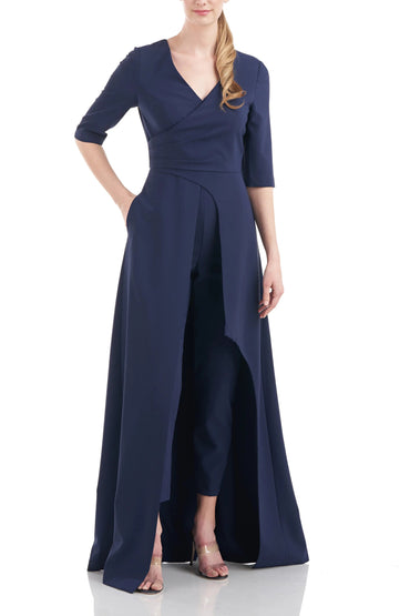 Kay Unger V-Neck 3/4 Sleeve Solid Zipper Back Full-length skirt with walk-through front cutout Crepe Jumpsuit-1