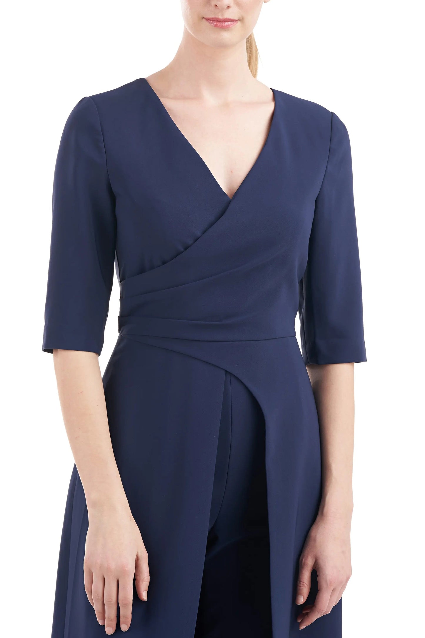 Kay Unger V-Neck 3/4 Sleeve Solid Zipper Back Full-length skirt with walk-through front cutout Crepe Jumpsuit-4