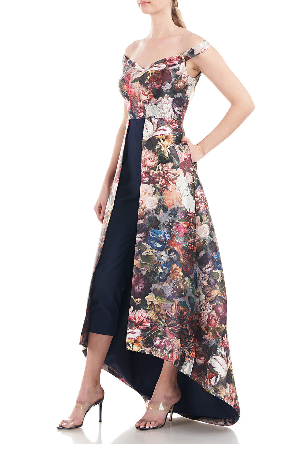 Kay Unger Off Shoulder Sleeveless High Low Hem Mikado Skirt with Stretch Crepe Pant