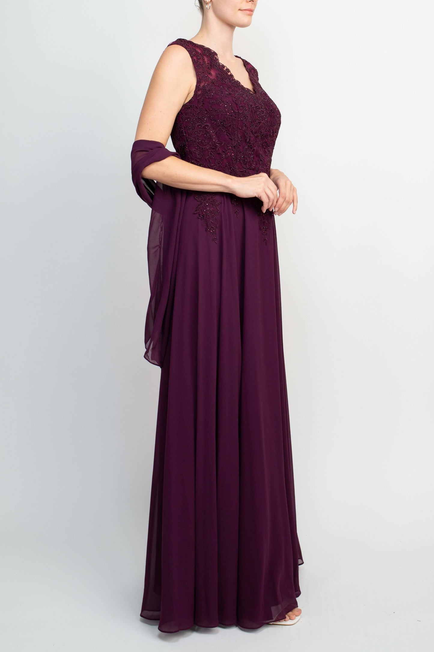 Cachet Embellished Scalloped Neck Cap Sleeve Zipper Back Flutter Embroidered Mesh Chiffon Dress with Scarf