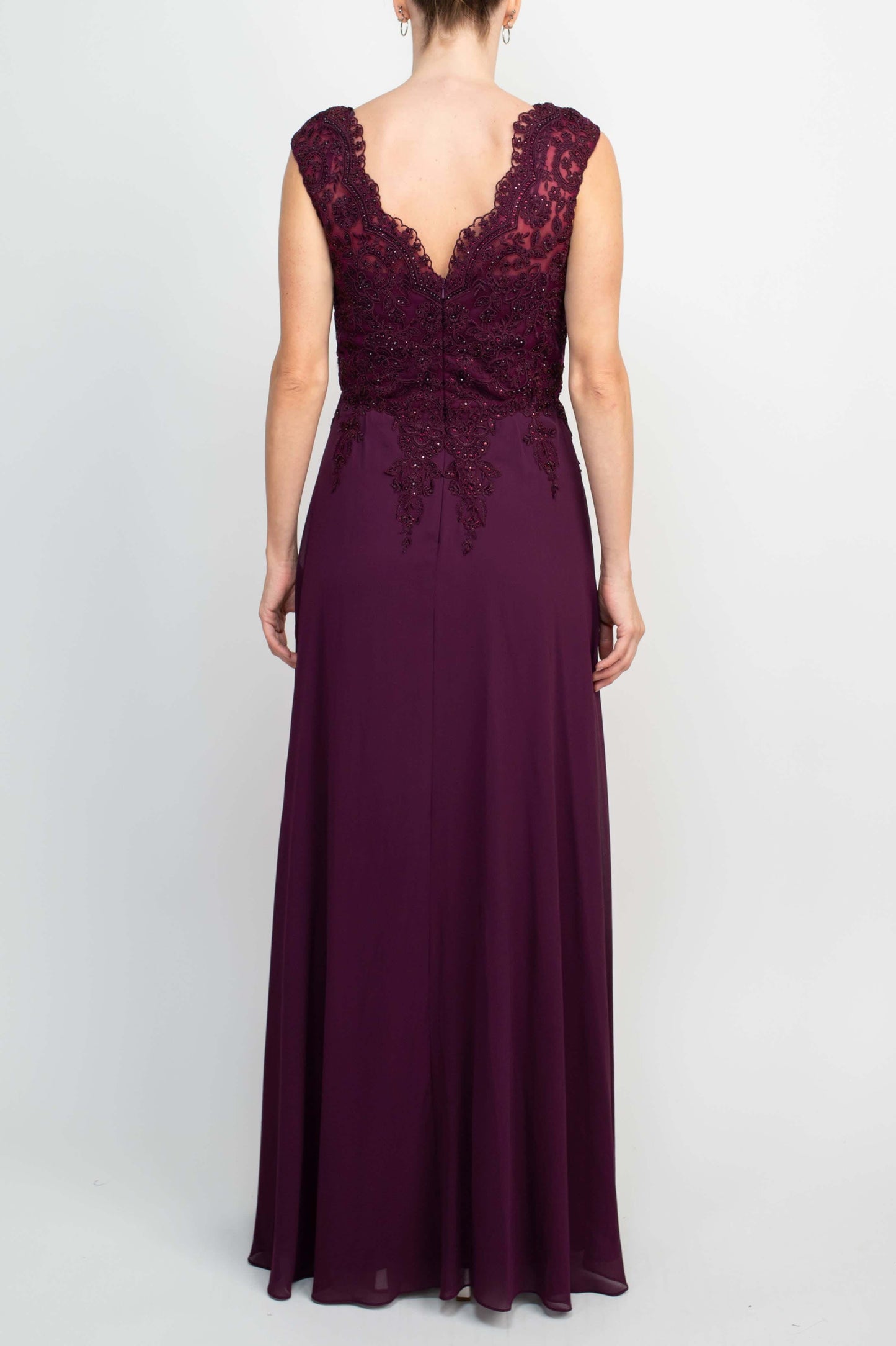Cachet Embellished Scalloped Neck Cap Sleeve Zipper Back Flutter Embroidered Mesh Chiffon Dress with Scarf