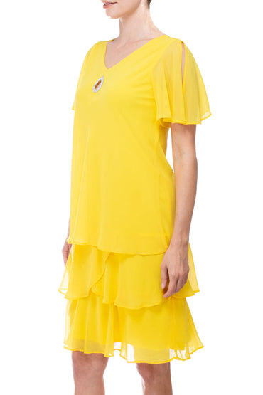 Marina crew neck embellished keyhole front short sleeve tiered solid chiffon dress-1