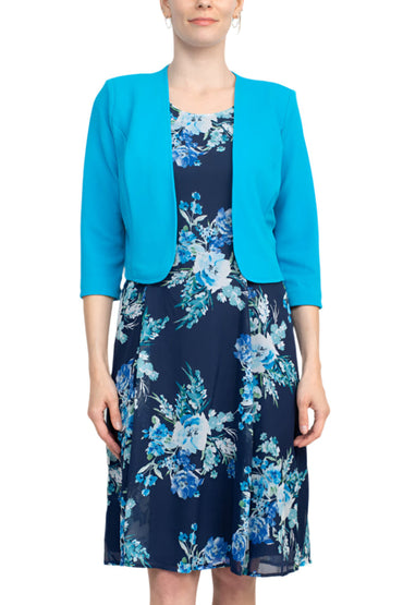 Studio One Scoop Neck Sleeveless A-Line Floral Print Chiffon Dress with 3/4 Sleeve Textured Bolero-1