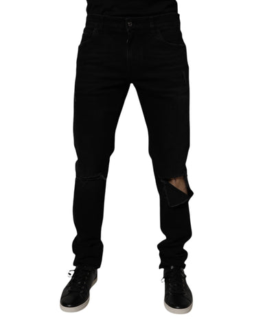 Dolce & Gabbana Black Cotton Tattered Skinny Men Denim Jeans