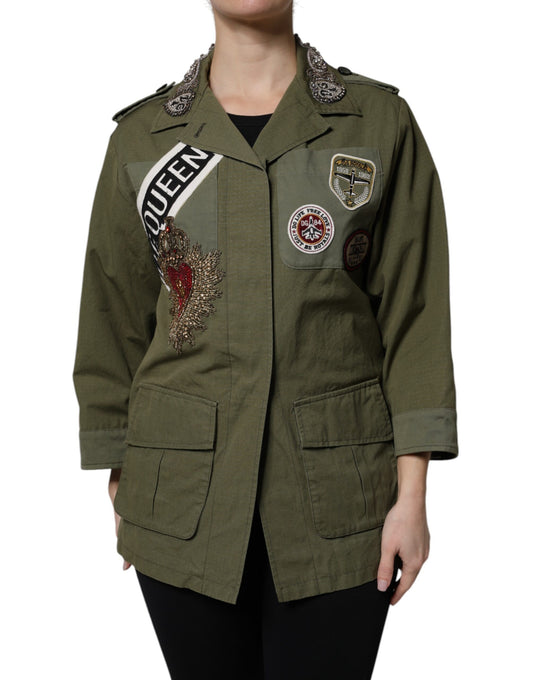 Dolce & Gabbana Military Green Queen Embellished Coat Jacket