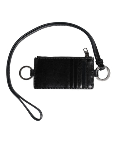 Dolce & Gabbana Black Leather Logo Embossed Lanyard Card Holder Wallet