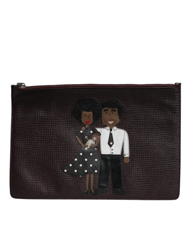 Dolce & Gabbana Brown Leather #DGFAMILY Embellished Men Clutch Pouch Bag