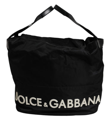 Dolce & Gabbana Black Nylon White Iconic Logo Shoulder Bucket Bag
