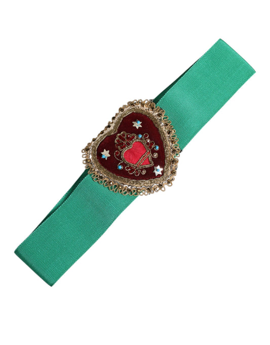 Dolce & Gabbana Green Stretch Wide Waist Heart Embellished Belt