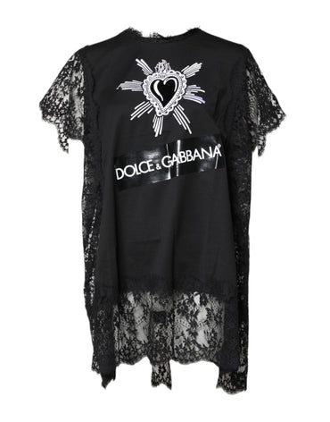 Dolce & Gabbana Black Lace Sheer Sacred Heart Crew Neck Top