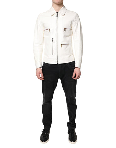 Dolce & Gabbana White Collared Full Zip Biker Coat Jacket
