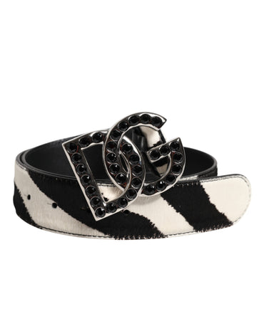 Dolce & Gabbana White Black Leather Zebra DG Crystal Buckle Belt