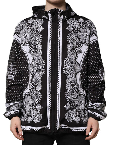 Dolce & Gabbana Black Bandana Print Hooded Bomber Jacket