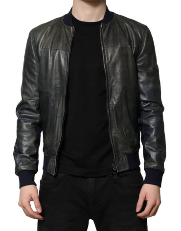 Dolce & Gabbana Black Lambskin Leather Biker Full Zip Jacket