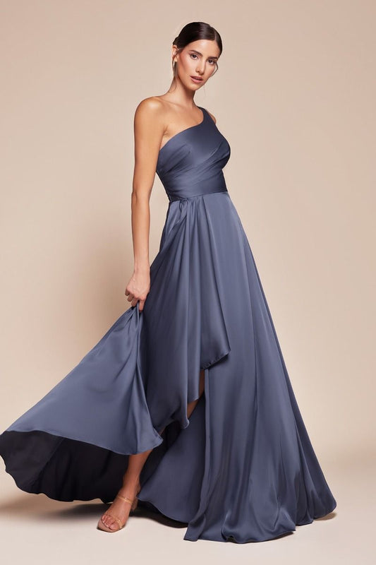 Elegant One-Shoulder Slate Blue High-Low Formal Dress with Draped Skirt CD7450-0