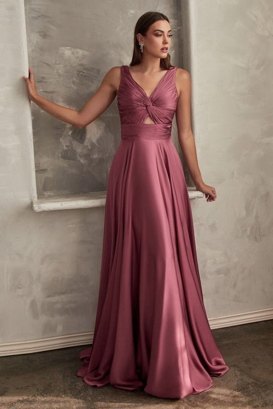 A-Line Satin Keyhole Open Back V-Neck Long Bridesmaid Dress CD7497-0