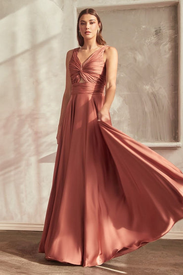 A-Line Satin Keyhole Open Back V-Neck Long Bridesmaid Dress CD7497-1