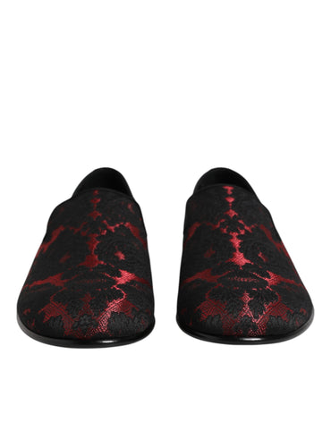 Dolce & Gabbana Red Black Jacquard Slip On Loafers Shoes