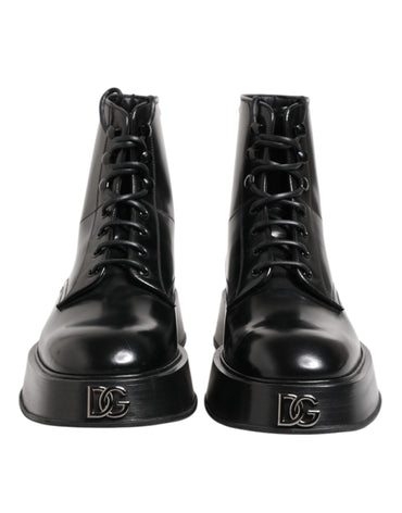 Dolce & Gabbana Black Leather Logo Ankle Boots Lace Up Shoes