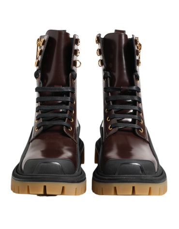 Dolce & Gabbana Brown Black Leather Boots Zipper Lace Up Shoes